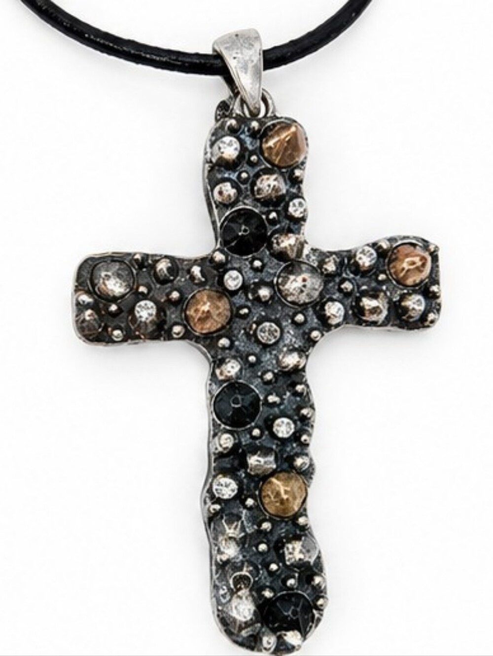 DaVinci Cross Necklace & Earrings Set NWT Silver Tone Rhinestone Black Cord Goth - Picture 5 of 8